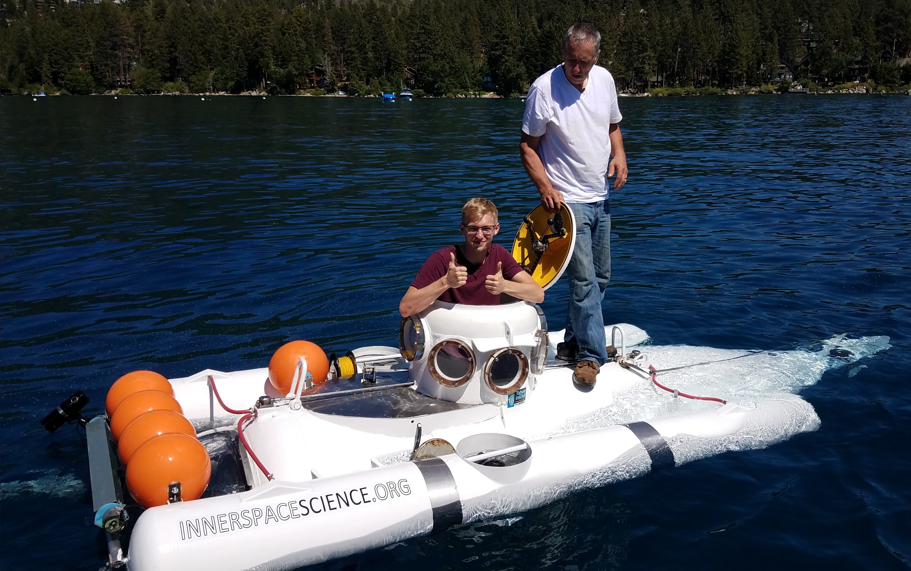 Education intern Noah tests a submarine in Lake Tahoe